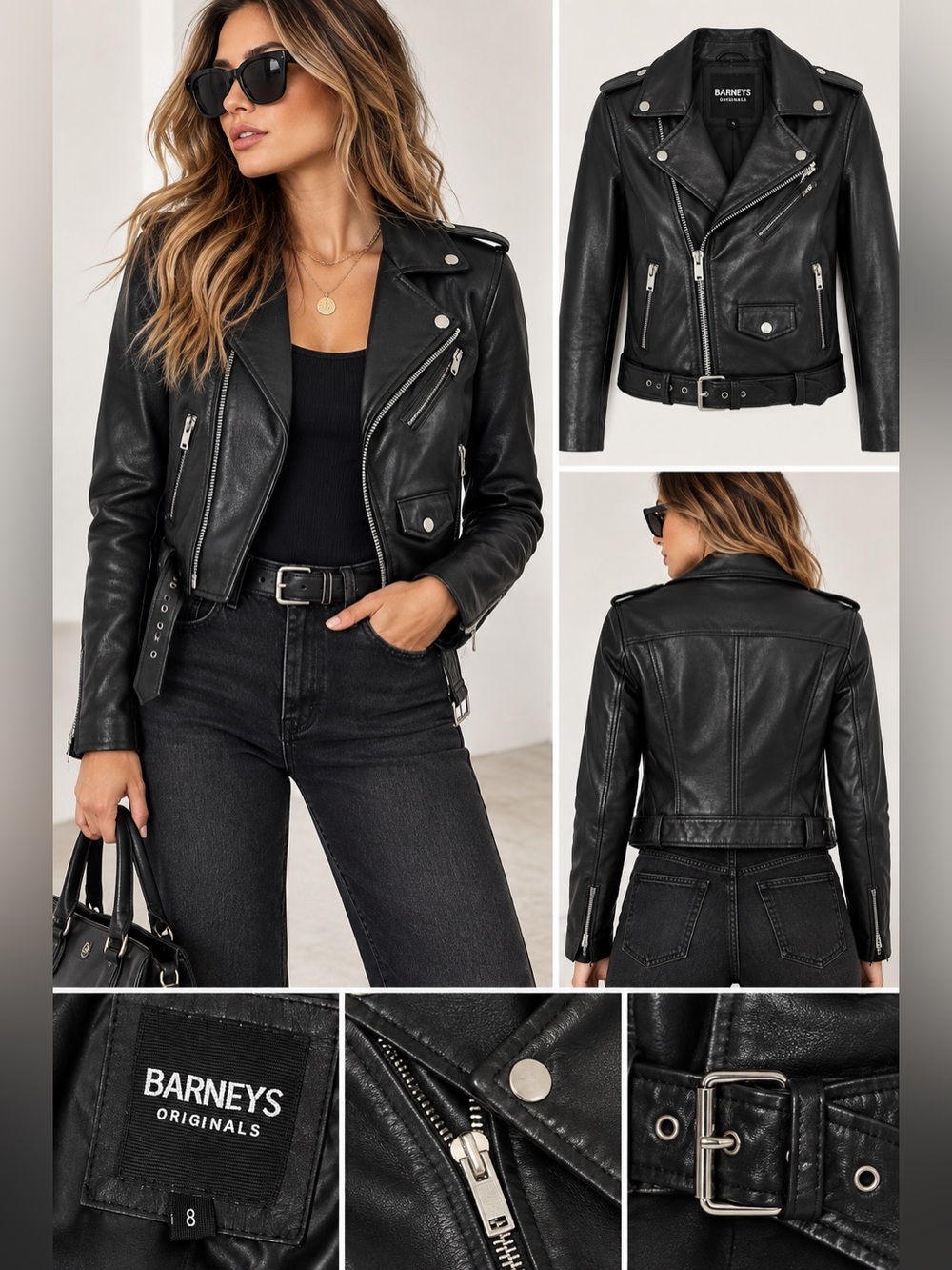Barneys Originals Black Sheep Leather Moto Biker Jacket Belted Women’s Size 8